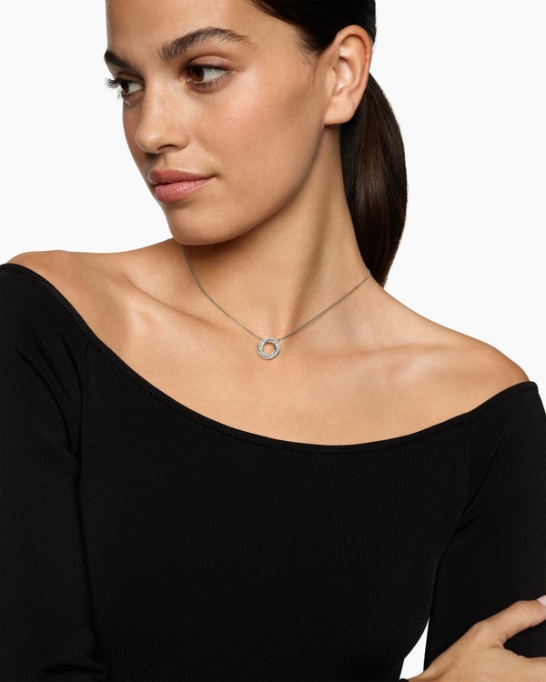 Petite Pavé Crossover Pendant Necklace in 18K White Gold with Diamonds, 15.5mm